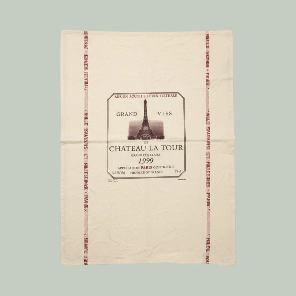 Vintage CORNER Paris Chateau La Tour 1999 Wine Label Tea Towel Made in France